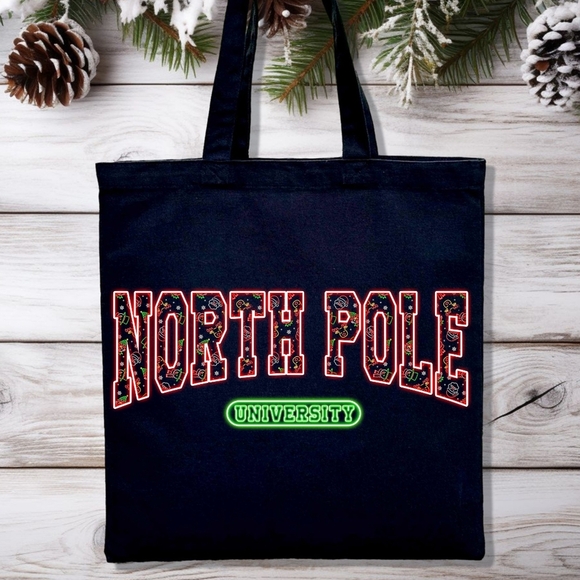 Christmas North Pole University Red Geen Neon Black Cotton Canvas Tote - Picture 1 of 2